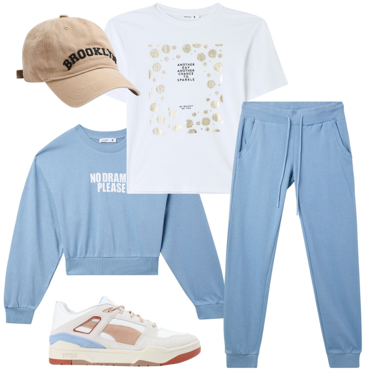 Outfit donna - Sport. Stile Sporty chic per Tutti i giorni. Abbinamento con sneakers, felpe, t-shirt, cappelli, pantaloni.