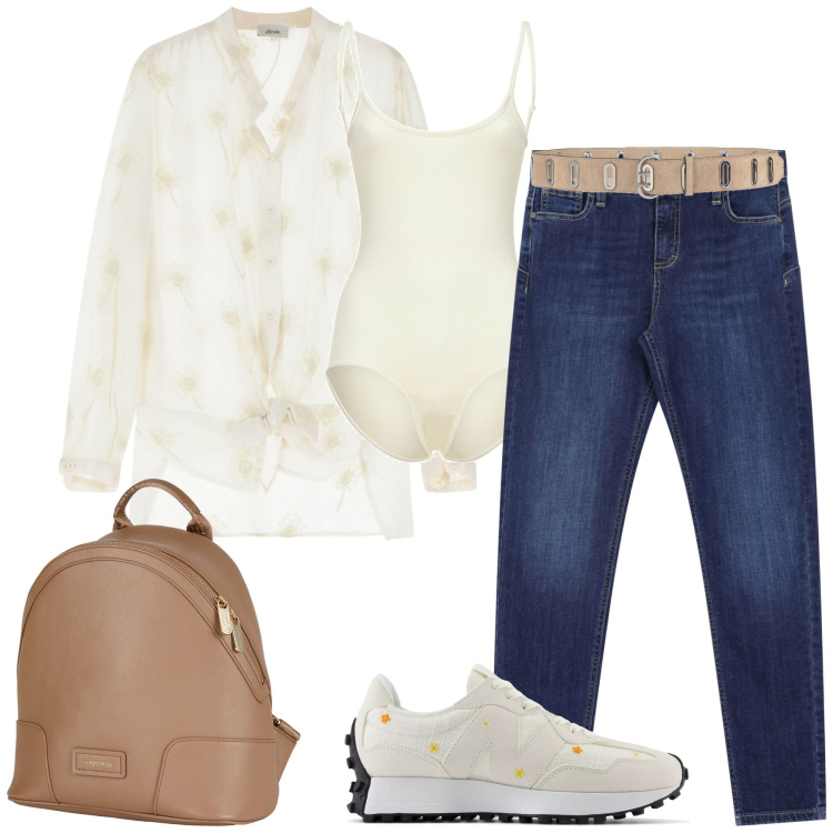 Outfit donna - Camicia fantasy e jeans. Stile Casual per Tutti i giorni. Abbinamento con zaini, cinture, jeans skinny, sneakers, camicie, body.