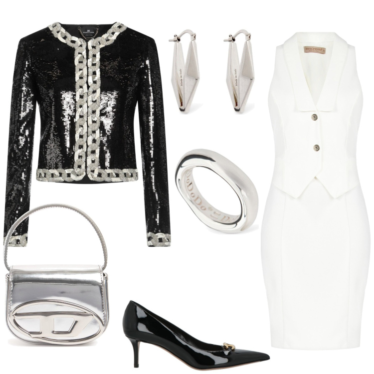 Outfit donna - Nero e bianco. Stile Glamour per Serata fuori. Abbinamento con blazer, décolleté, vestiti a tubino, orecchini, anelli, borse a mano.