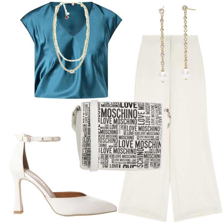 Outfit donna - Riunione di lavoro. Stile Casual chic per Ufficio. Abbinamento con collane, borse a tracolla, pantaloni, décolleté, orecchini, bluse.