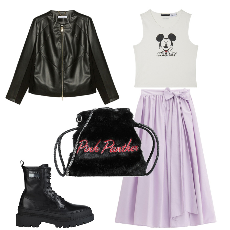 Outfit donna - Nero lilla sbarazzino. Stile Sporty chic per Serata fuori. Abbinamento con borse a mano, anfibi, gonne lunghe, canottiere, blazer.