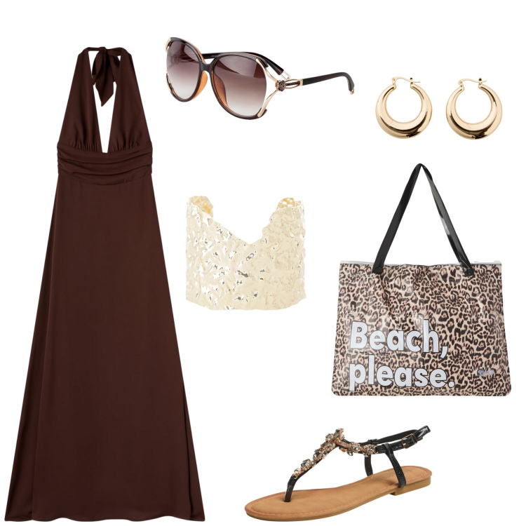 Outfit donna - Abito marrone e accessori. Stile Casual per Serata fuori. Abbinamento con occhiali da sole, orecchini, borse tote, vestiti lunghi, sandali gioiello, braccialetti.