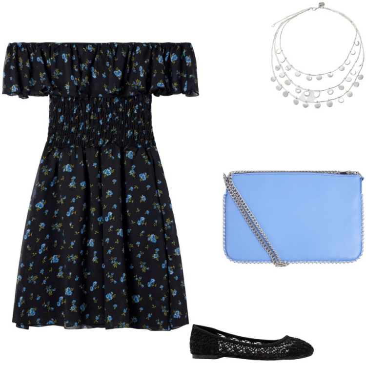 Outfit donna - Fioti azzurri. Stile Romantica per Tutti i giorni. Abbinamento con ballerine, vestiti corti, borse a tracolla, ciondoli.