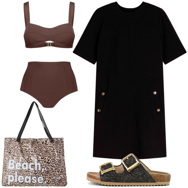 Outfit donna - Summer Outfits. Stile Casual per Mare. Abbinamento con vestiti corti, borse tote, bikini, sandali.