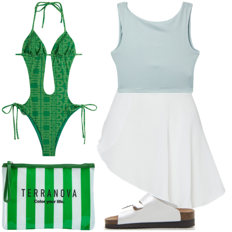 Outfit donna - Summer Outfits. Stile Casual per Mare. Abbinamento con top, pochette, minigonne, costumi interi, ciabatte.