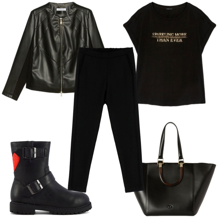 Outfit donna - Stasera al concerto rock. Stile Rock per Tutti i giorni. Abbinamento con pantaloni, t-shirt, stivaletti, blazer, shopping bag.