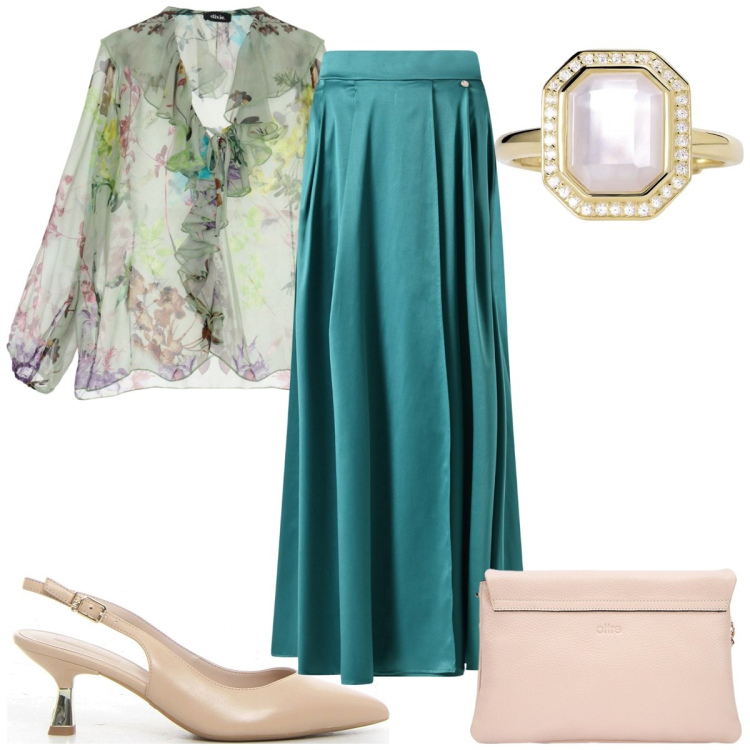 Outfit donna - Seta al tramonto: glamour. Stile Glamour per Serata fuori. Abbinamento con gonne lunghe, anelli, bluse, borse a tracolla, décolleté.