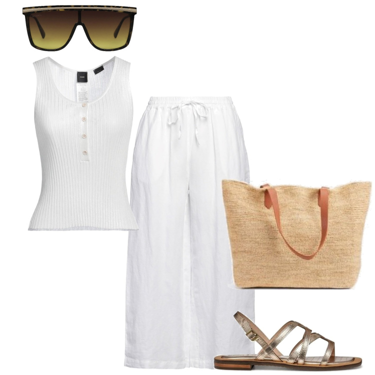 Outfit mujer - Casual #6108. Estilo Casual para Todos los días. Combinación con sandalias de piel, top, pantalones palazzo, bolso tote, gafas de sol.
