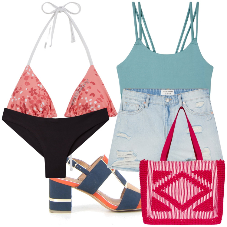 Outfit donna - Il mare in avvicinamento. Stile Trendy per Mare. Abbinamento con shorts, canottiere, bikini, bikini, borse a mano, sandali in pelle.