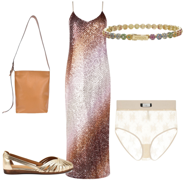 Outfit donna - Bagliori in spiaggia al tramonto. Stile Glamour per Serata fuori. Abbinamento con vestiti lunghi, braccialetti, slip, ballerine, borse a secchiello.