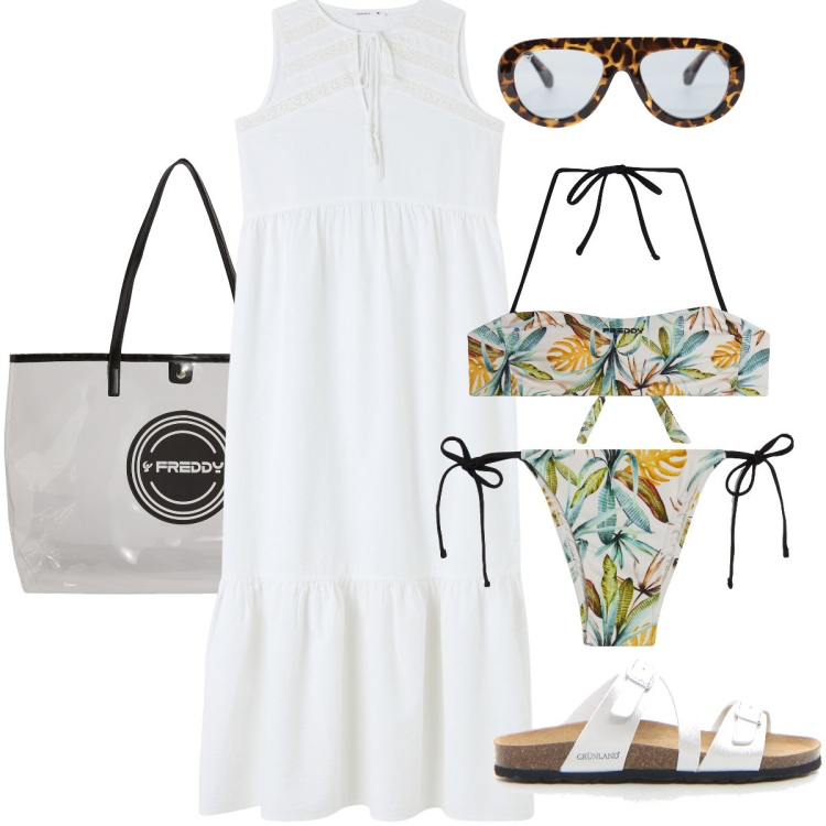 Outfit donna - Il bikini jungle. Stile Casual chic per Mare. Abbinamento con vestiti, occhiali da sole, bikini, shopping bag, bikini, ciabatte.
