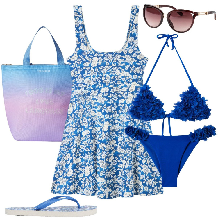 Outfit donna - Il bikini fiorito. Stile Romantica per Mare. Abbinamento con occhiali da sole, vestiti corti, infradito, bikini, bikini, borse tote.