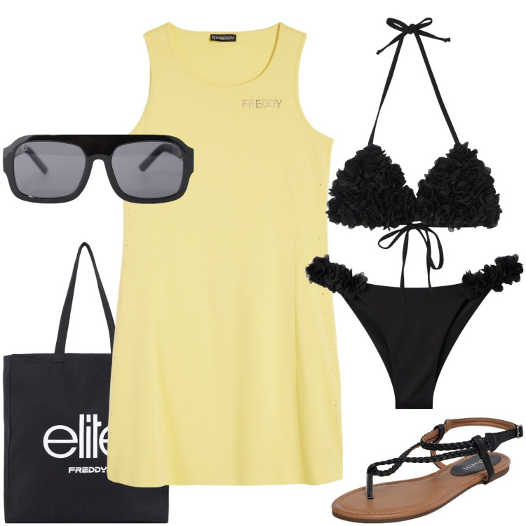 Outfit donna - Giallo e nero al mare. Stile Casual chic per Mare. Abbinamento con bikini, bikini, ciabatte, occhiali da sole, shopping bag, vestiti senza maniche.