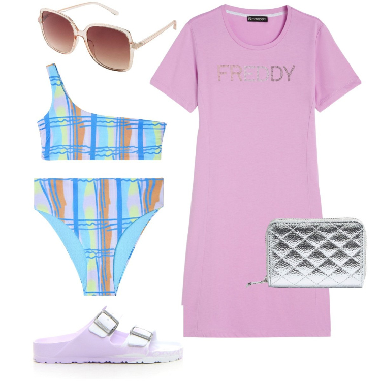 Outfit donna - Il bikini monospalla. Stile Basic per Mare. Abbinamento con occhiali da sole, bikini, bikini, portafogli, vestiti lunghi, ciabatte.