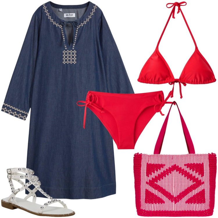 Outfit donna - Aperitivo in spiaggia. Stile Boho per Mare. Abbinamento con vestiti, sandali, bikini, bikini, borse a mano.