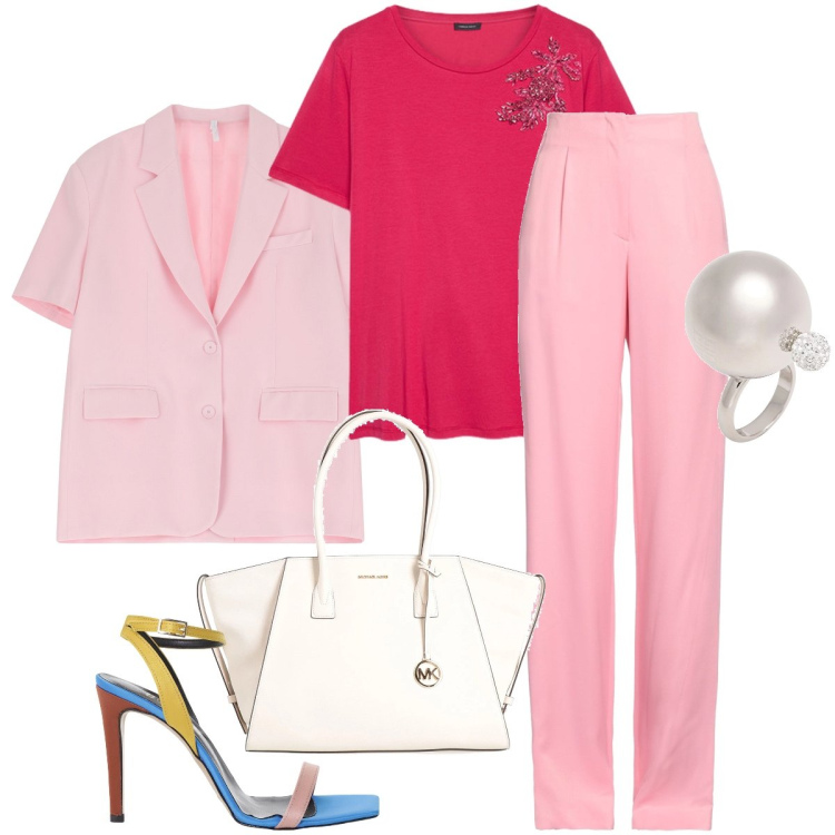 Outfit donna - Di rosa vestita. Stile Chic per Serata fuori. Abbinamento con borse a mano, anelli, pantaloni, blazer, sandali col tacco, t-shirt.