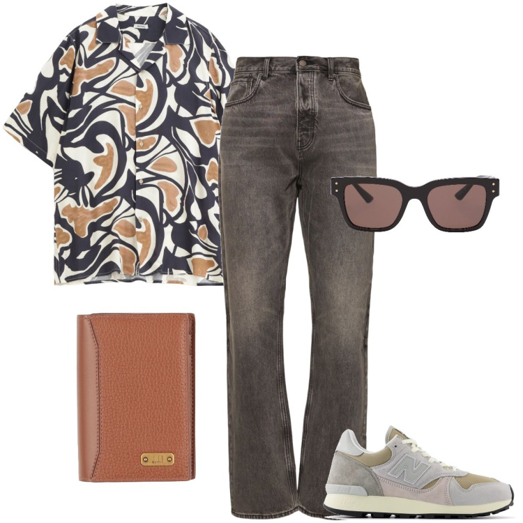 Outfit uomo - La camicia a fantasia. Stile Urban per Tutti i giorni. Abbinamento con portafogli, occhiali da sole, sneakers, camicie a manica corta, jeans.