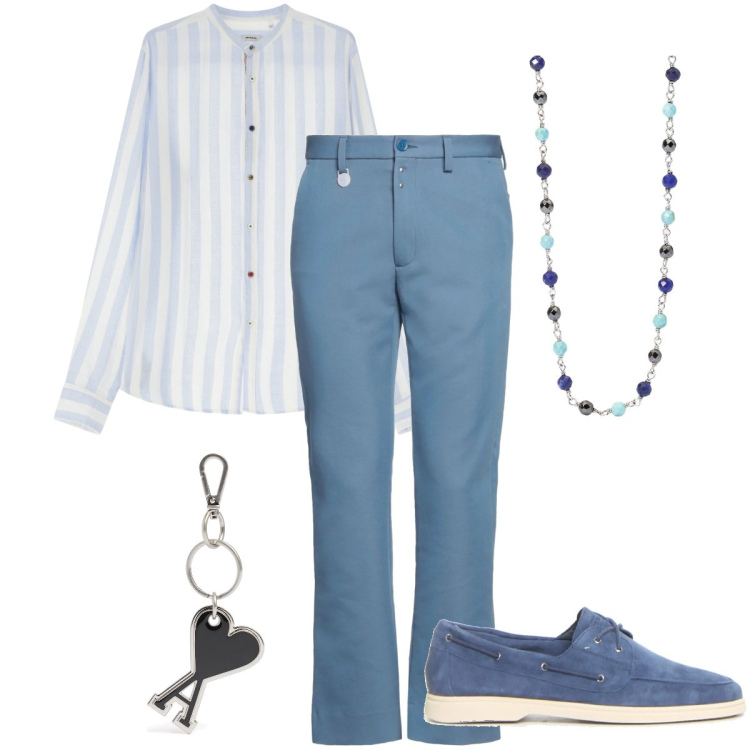 Outfit uomo - Stile coastal con twist. Stile Trendy per Ufficio. Abbinamento con pantaloni chino, collane, camicie, portachiavi, scarpe stringate.