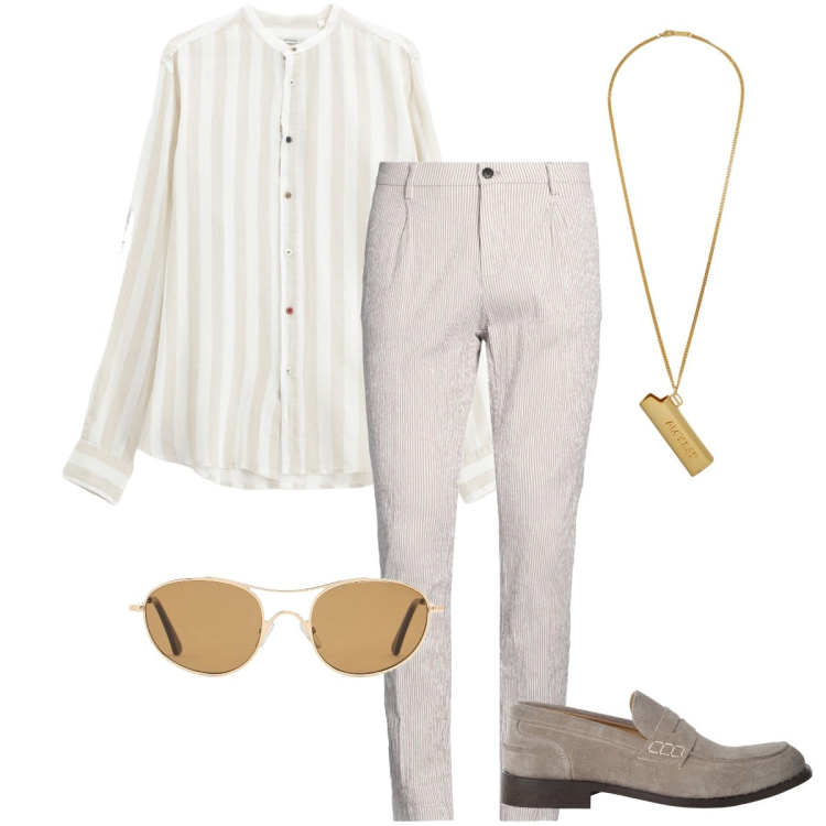 Outfit uomo - Vacanze sul Mediterraneo. Stile Trendy per Ufficio. Abbinamento con pantaloni chino, collane, scarpe stringate, camicie, occhiali da sole.