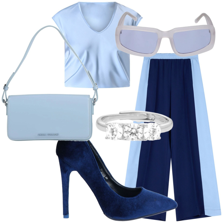 Outfit donna - Pranzo di lavoro. Stile Casual chic per Tutti i giorni. Abbinamento con décolleté, borse a mano, pantaloni, anelli, bluse, occhiali da sole.