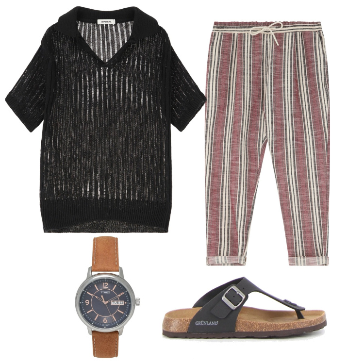 Outfit uomo - Vacanza mediterranea. Stile Trendy per Tutti i giorni. Abbinamento con orologi, pantaloni, maglieria, sandali.