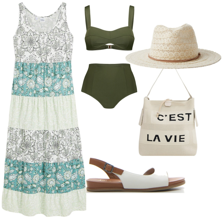 Outfit donna - Summer outfit. per Mare. Abbinamento con vestiti lunghi, cappelli, borse a mano, bikini, sandali.