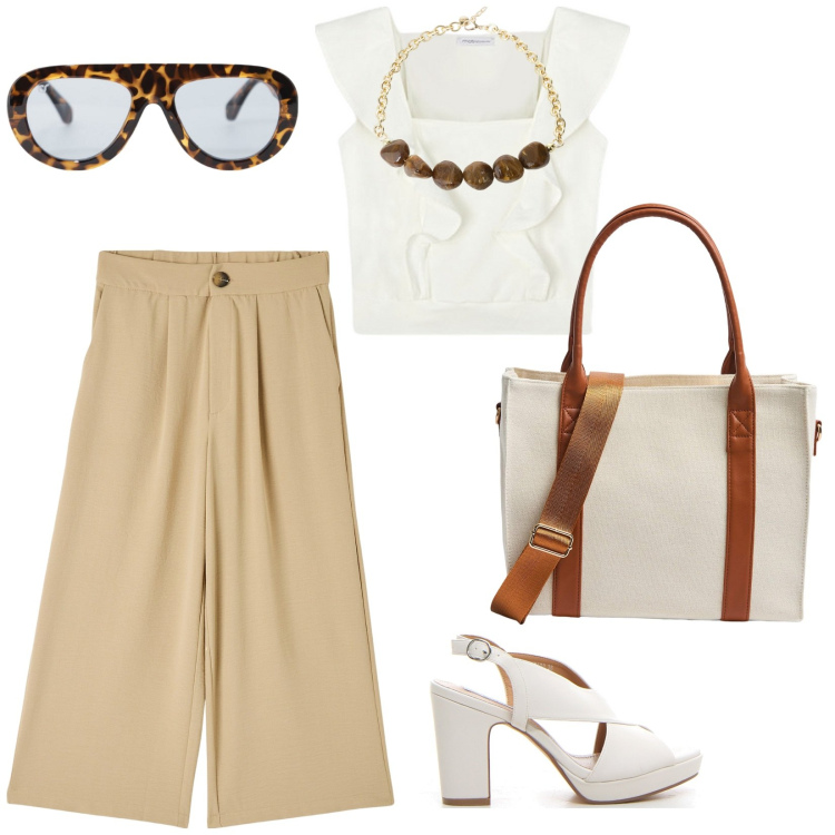 Outfit donna - Summer outfit. per Ufficio. Abbinamento con pantaloni a palazzo, shopping bag, occhiali da sole, collane, sandali col tacco, top.