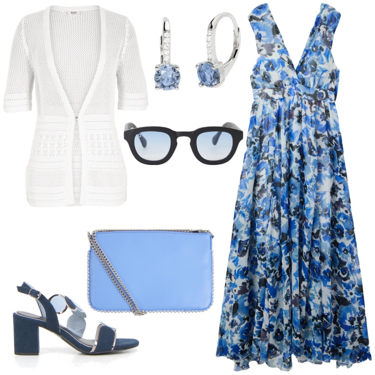Outfit donna - Total look #2170657. Stile Boho per Tutti i giorni. Abbinamento con cardigans, vestiti lunghi, borse a tracolla, orecchini, occhiali da sole, sandali col tacco.