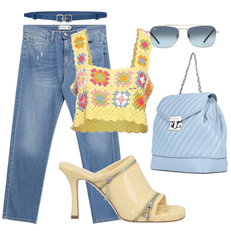 Outfit donna - Top lavorato a maglia. Stile Casual chic per Serata fuori. Abbinamento con top, zaini, cinture, sandali in pelle, jeans strappati, occhiali da sole.