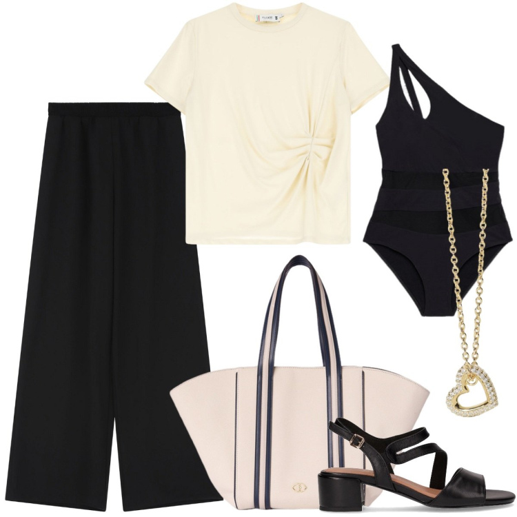 Outfit donna - Summer Outfits. Stile Chic per Mare. Abbinamento con collane, t-shirt, pantaloni a palazzo, costumi interi, sandali col tacco, shopping bag.