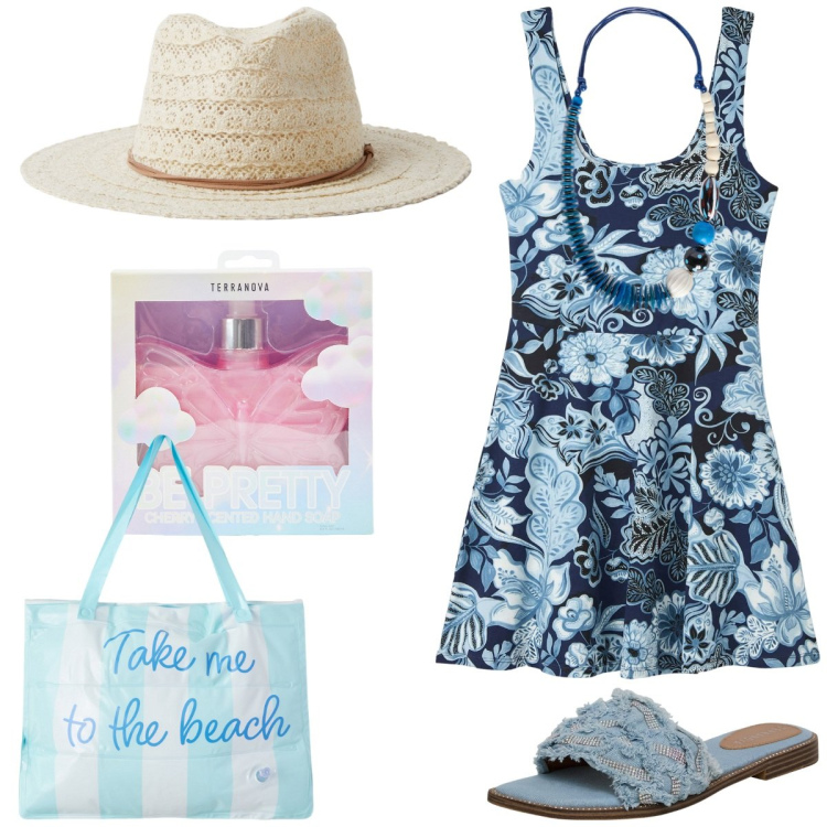 Outfit donna - Passeggiata al tramonto. Stile Glamour per Tutti i giorni. Abbinamento con cappelli, borse tote, ciabatte, vestiti corti, vestiti, collane.