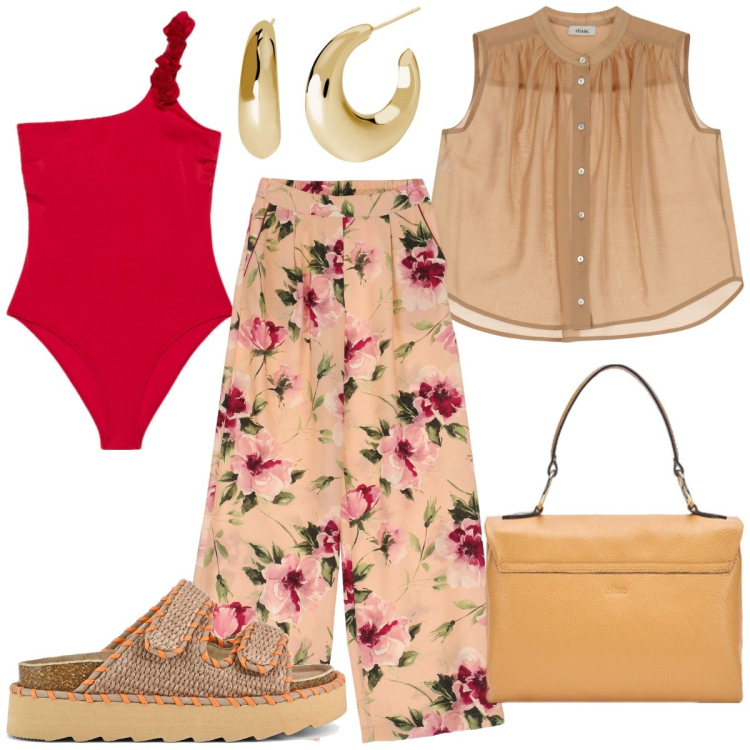 Outfit donna - Rosso chic. Stile Casual chic per Mare. Abbinamento con orecchini, pantaloni, camicie, sandali, costumi interi, borse a cartella.