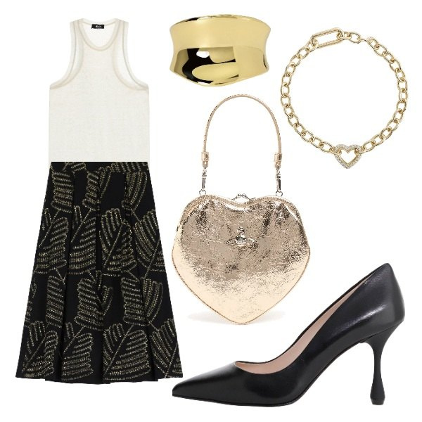 Outfit donna - la sera al Bivio. Stile Chic per Serata fuori. Abbinamento con braccialetti, anelli, décolleté, top, gonne lunghe, pochette.