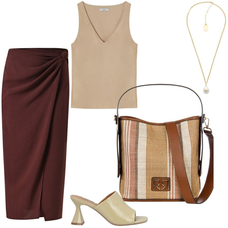 Outfit donna - Una particolare loungette. Stile Chic per Ufficio. Abbinamento con sandali in pelle, collane, gonne longuette, borse a secchiello, top.