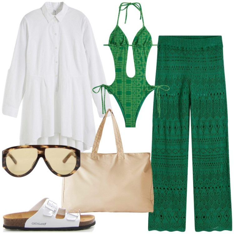 Outfit donna - Summer Outfits. Stile Trendy per Mare. Abbinamento con pantaloni, camicie, shopping bag, occhiali da sole, costumi interi, ciabatte.