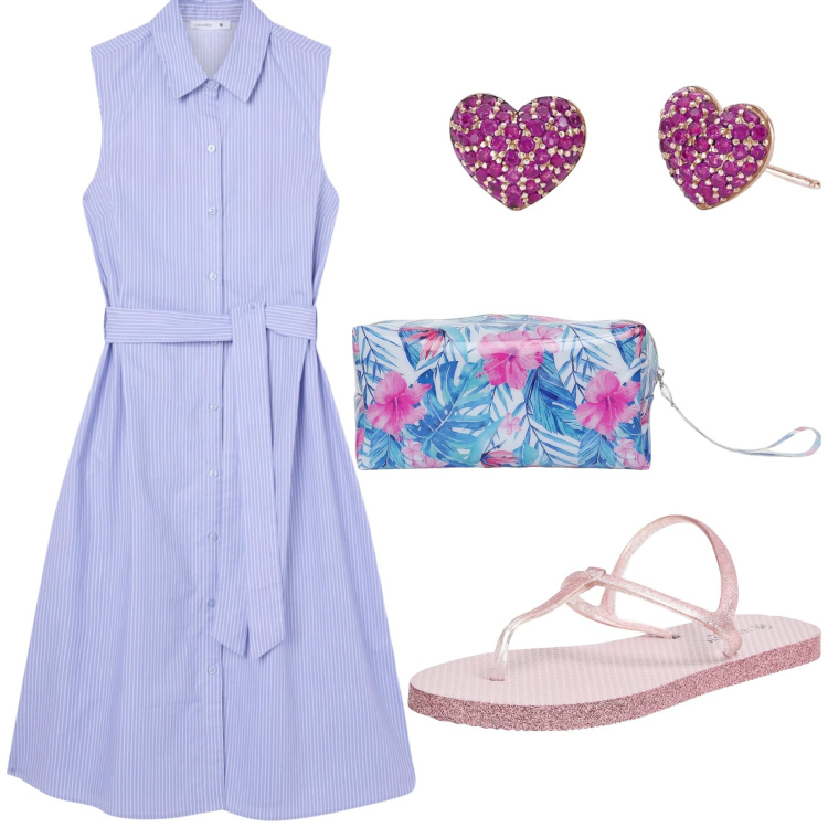 Outfit donna - Purple Vortex. Stile Trendy per Tutti i giorni. look ideale per Petite. Abbinamento con vestiti chemisier, sandali, pochette, orecchini.