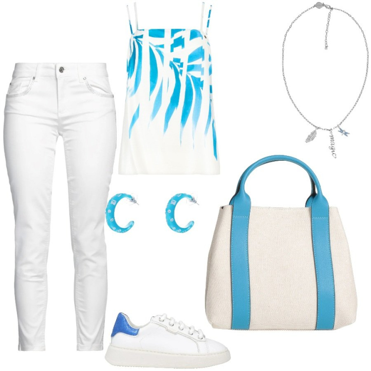 Outfit donna - Dettagli turchese. Stile Casual per Tutti i giorni. Abbinamento con sneakers, collane, borse a mano, pantaloni, orecchini, top.