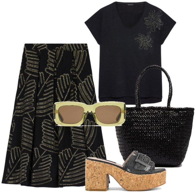 Outfit donna - Foglie dorate. Stile Trendy per Tutti i giorni. Abbinamento con gonne lunghe, sandali, t-shirt, borse a secchiello, occhiali da sole.