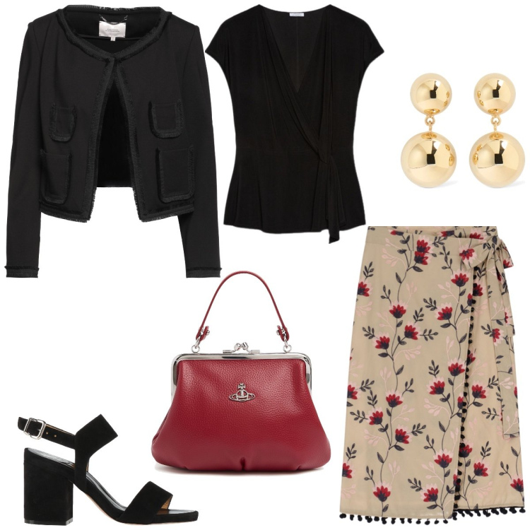 Outfit donna - Tempo libero. Stile Romantica per Tutti i giorni. Abbinamento con sandali in pelle, blazer, gonne, bluse, borse a mano, orecchini.