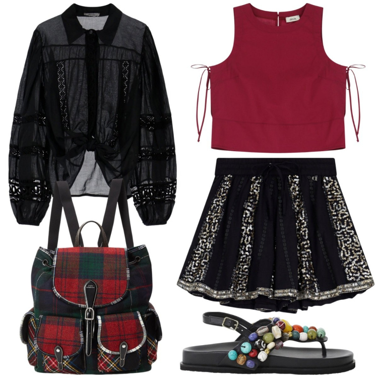 Outfit donna - Rock and rouge. Stile Rock per Serata fuori. Abbinamento con shorts, sandali gioiello, top, camicie, zaini.