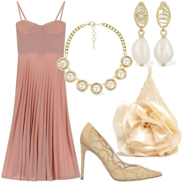 Outfit donna - Chic a primavera. Stile Chic per Cerimonia. Abbinamento con décolleté, vestiti midi/longuette, borse a mano, orecchini, collane.