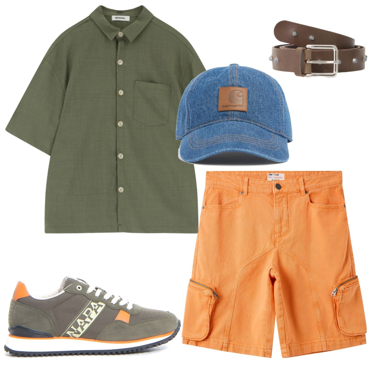Outfit uomo - Sul lungomare. Stile Casual per Mare. Abbinamento con pantaloni corti, cinture, camicie a manica corta, cappelli, sneakers.