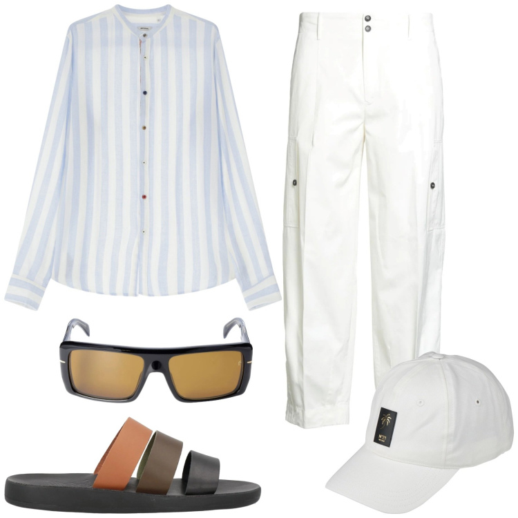 Outfit uomo - Stile coastal. Stile Trendy per Tutti i giorni. Abbinamento con pantaloni cargo, sandali, cappelli con visiera, camicie, occhiali da sole.