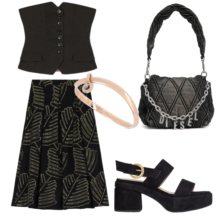 Outfit donna - A cena per l\'anniversario. Stile Trendy per Serata fuori. Abbinamento con sandali in pelle, gonne lunghe, borse a spalla, anelli, top.