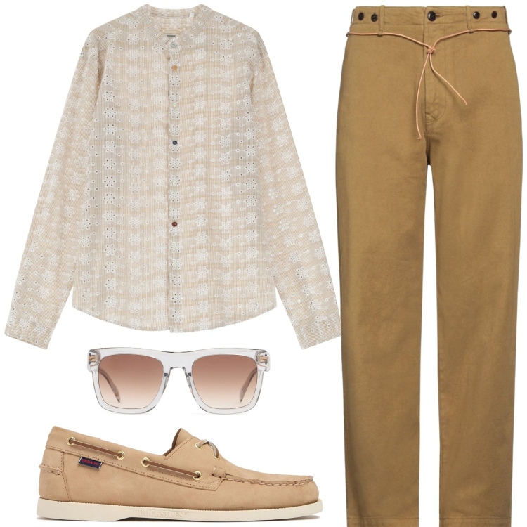 Outfit uomo - Total look #2170718. Stile Trendy per Tutti i giorni. Abbinamento con pantaloni chino, camicie, occhiali da sole, scarpe stringate.