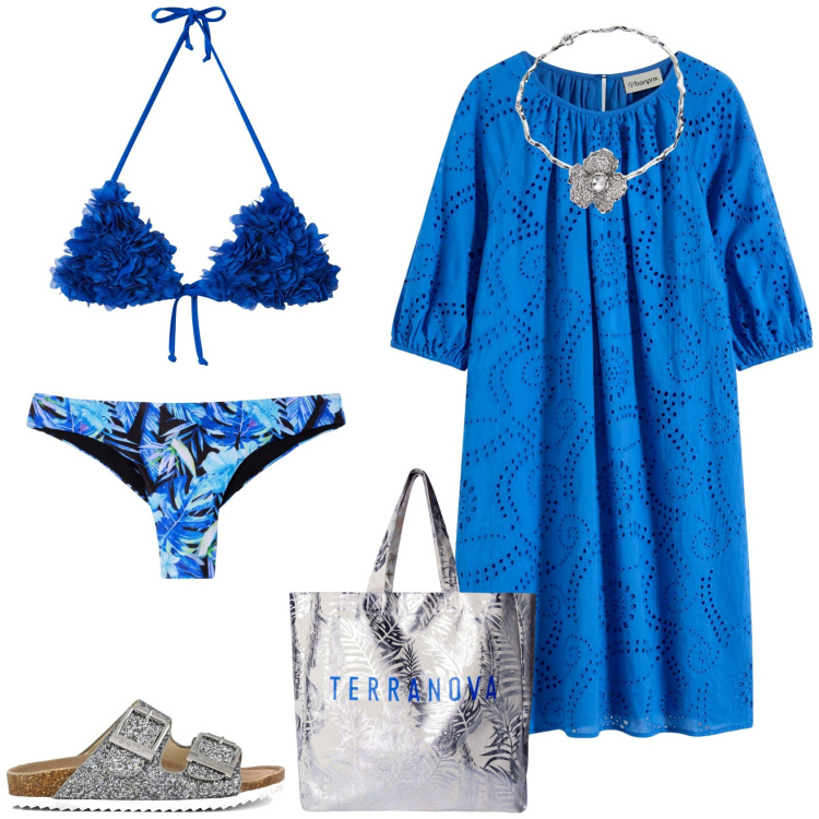 Outfit donna - Boho per la spiaggia. Stile Boho per Mare. Abbinamento con vestiti, bikini, bikini, borse tote, collane, sandali.