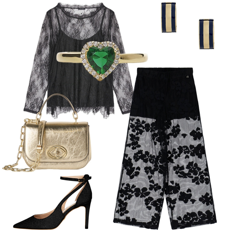 Outfit donna - Notte Rock. Abbinamento con anelli, décolleté, pantaloni, orecchini, t-shirt, borse a tracolla.