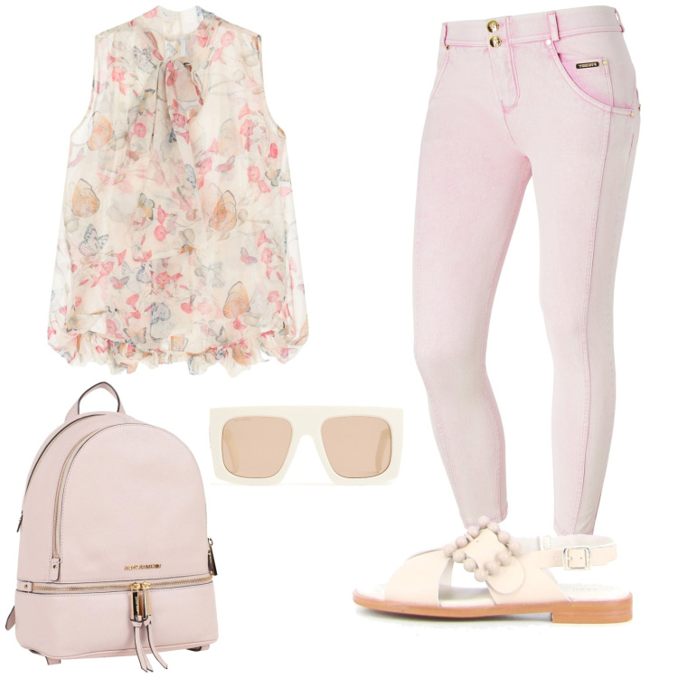 Outfit donna - Rosa su rosa. Stile Casual chic per Tutti i giorni. Abbinamento con zaini, camicie, jeans skinny, sandali, occhiali da sole.