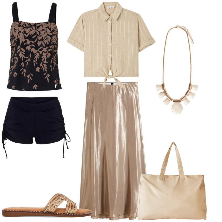 Outfit donna - Glamour in spiaggia. Stile Glamour per Mare. Abbinamento con costumi interi, shopping bag, gonne longuette, camicie a manica corta, collane, ciabatte.