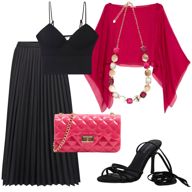 Outfit donna - Blusa di seta. Stile Glamour per Serata fuori. Abbinamento con top, borse a tracolla, sandali alla schiava, collane, gonne longuette, bolero.
